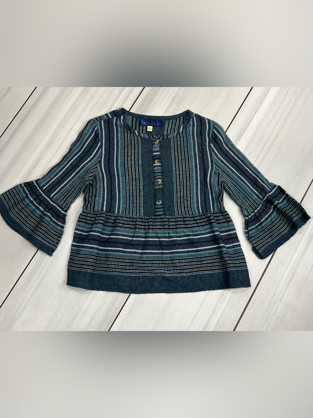 Blue Rair Women’s M 100% Cotton Blue Woven Babydoll Tunic Ruffle Hem Bell Sleeve
